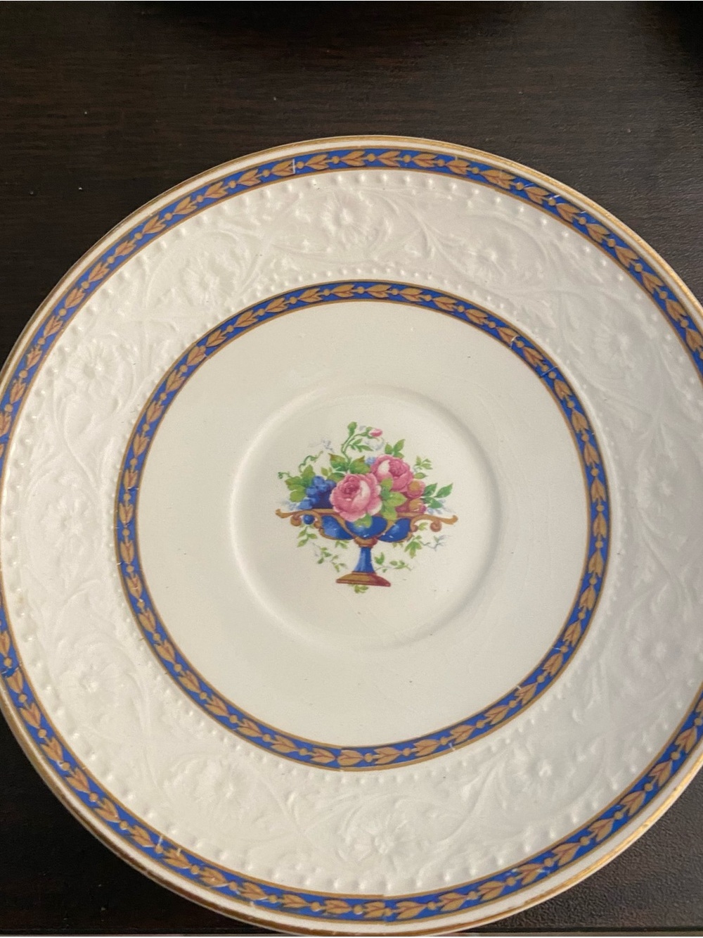 Classic Floral Embossed Dinner Plate with Blue and Gold Trim